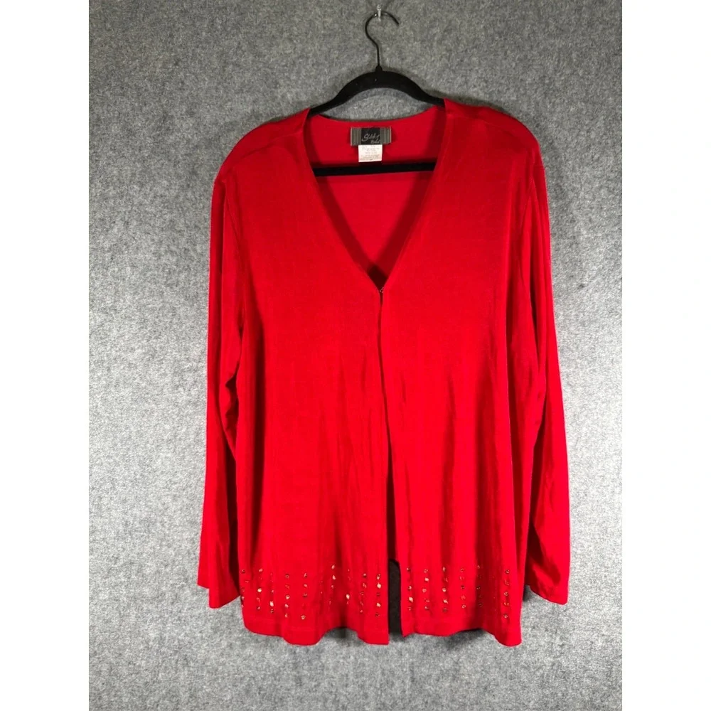 Slinky Brand Womens Red Rhinestone Hem Open Front Cardigan Plus Size 2X USA Made